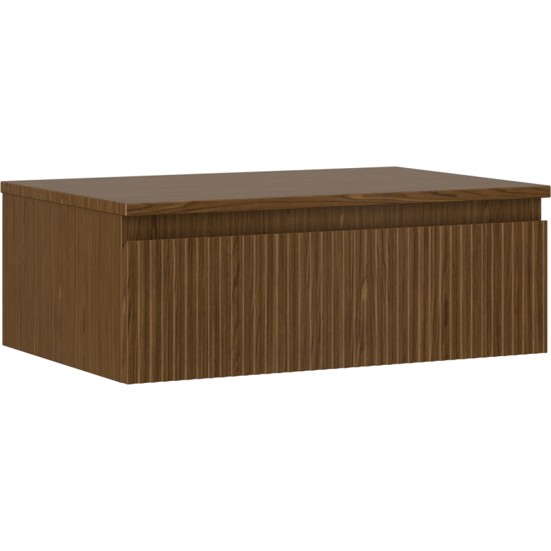 Servantskap 70 cm i valnøtt med riflet front og én skuff, sett forfra i vinkel mot hvit bakgrunn.