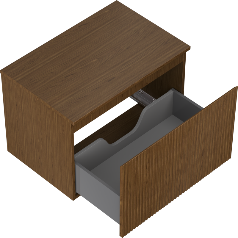 Servantskap uten vask 70 cm i valnøtt med riflet front og delvis åpen grå skuff.