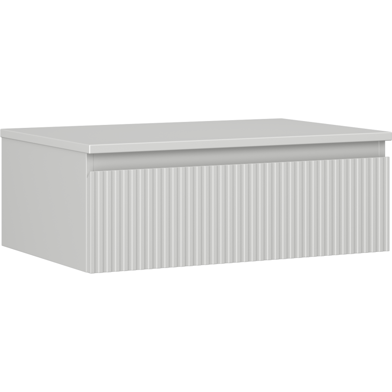 Servantskap 70 cm grå matt med én skuff og riflet front, sett fra skrå vinkel.