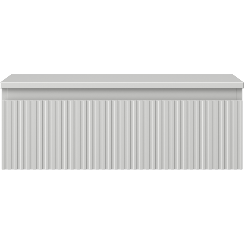 Underskap til servant i lys grå plast med riflet front og flatt lokk sett rett forfra.