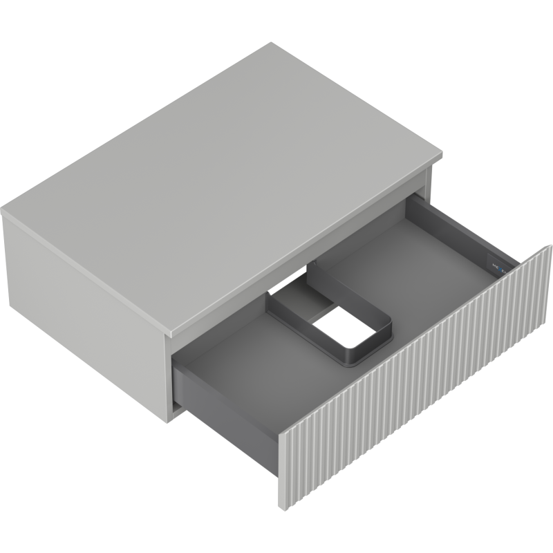 Servantskap uten vask 70 cm grå matt med rillet front og åpen skuff med rominndelt interiør.