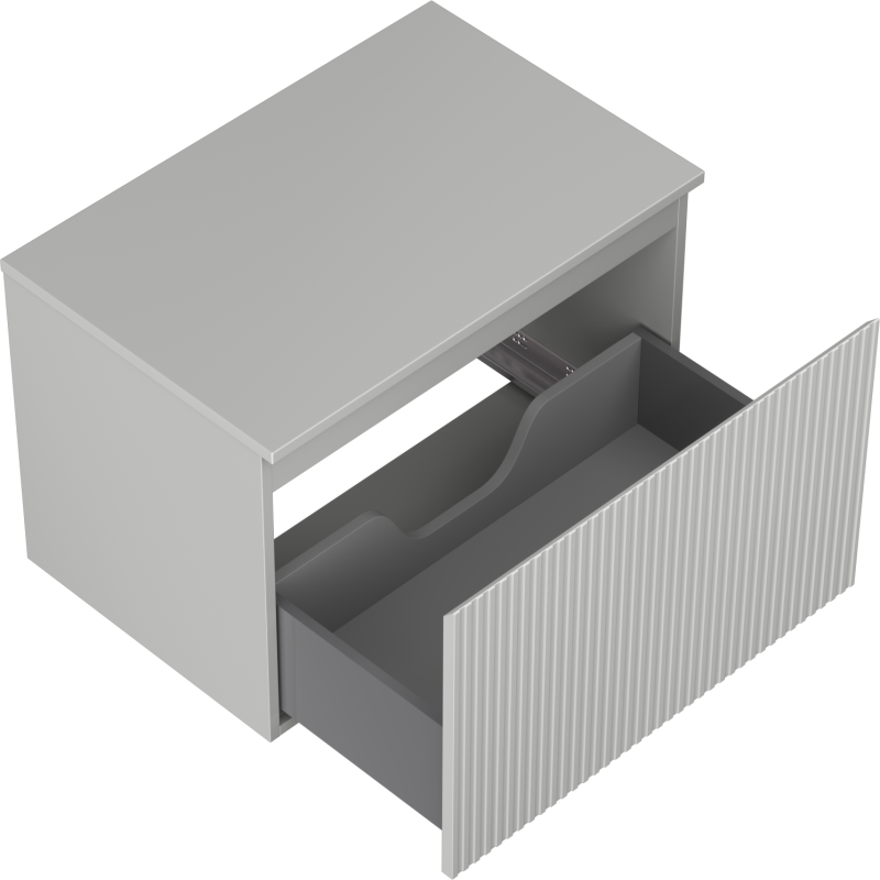 Servantskap uten vask grå matt 70 cm med riflet front og én stor skuff, sett skrått ovenfra.