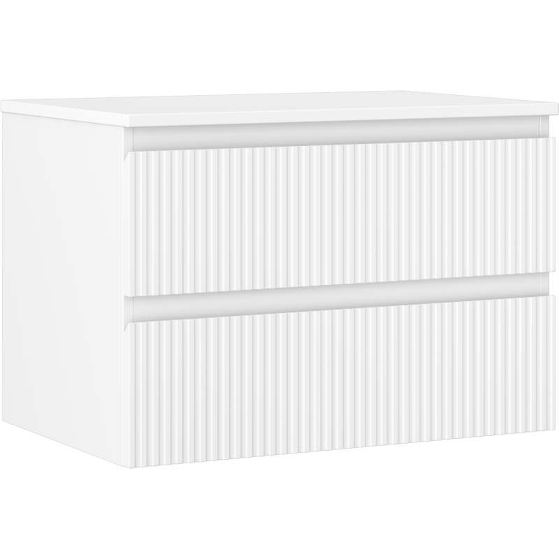 Servantskap 70 cm hvit matt med to skuffer og vertikal rilletekstur, sett fra skrå vinkel.