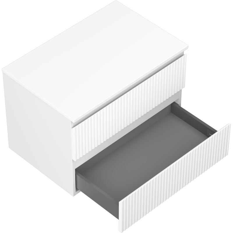 Servantskap til bad 70 cm Mexen Rivel i hvit matt med to skuffer, nederste skuff trukket ut.