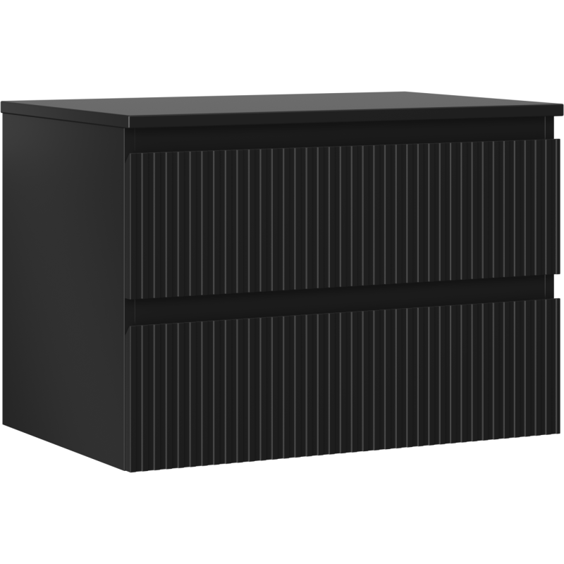 Servantskap 70 cm svart matt med to skuffer og riflet front, vist fra skrå vinkel.