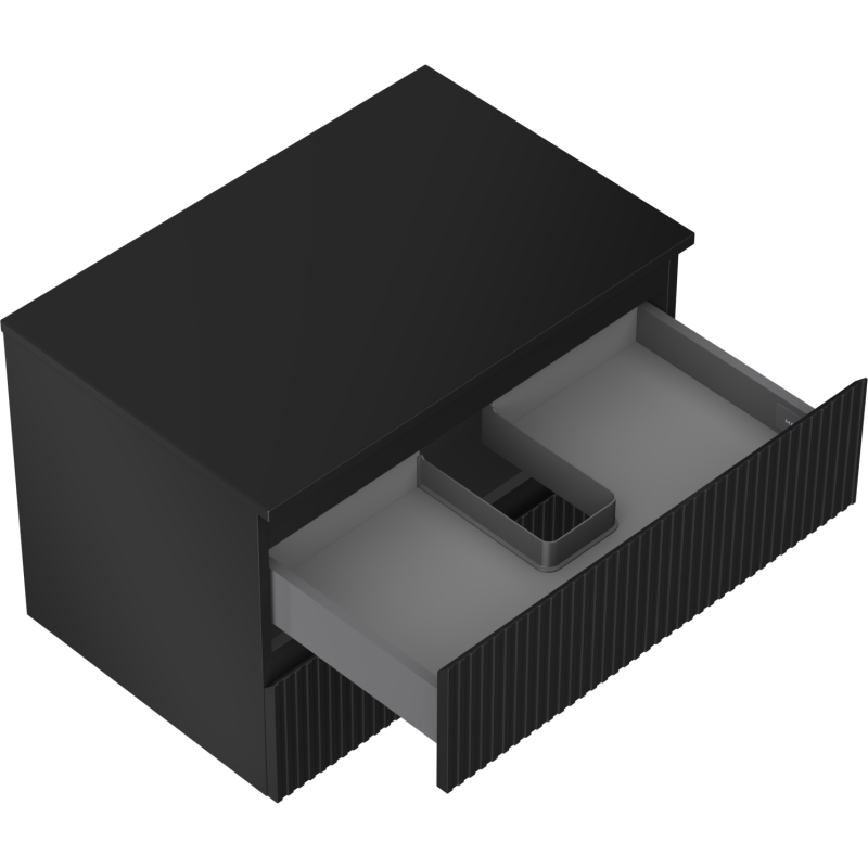Servantskap uten vask 70 cm svart matt med riflet front og åpen skuff med midtdeler.
