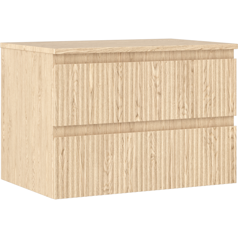 Servantskap 70 cm i lys eik med riflet front og to skuffer, vist fra siden og litt forfra.