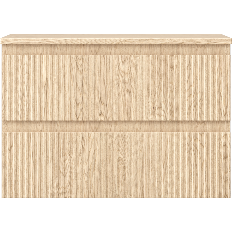 Underskap til servant i eik med riflet front og to skuffer, sett rett forfra.