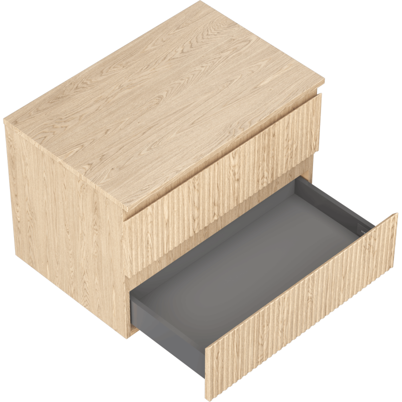 Servantskap til bad 70 cm i eik med to skuffer, riflet front og synlig grå innerskuff.