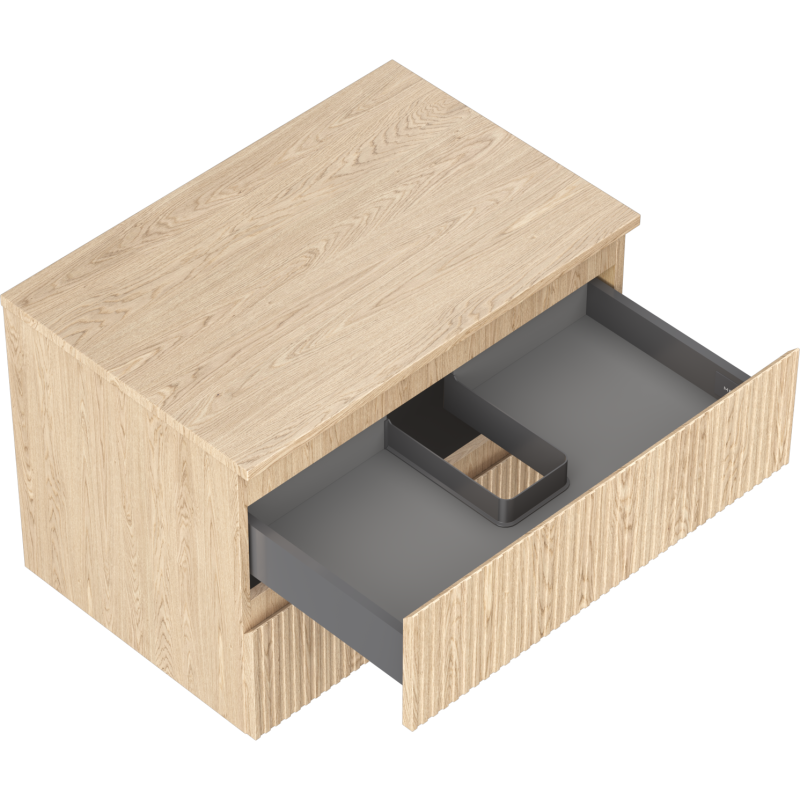 Servantskap uten vask i eik med riflet front, én stor skuff trukket ut og mørkegrå innmat.