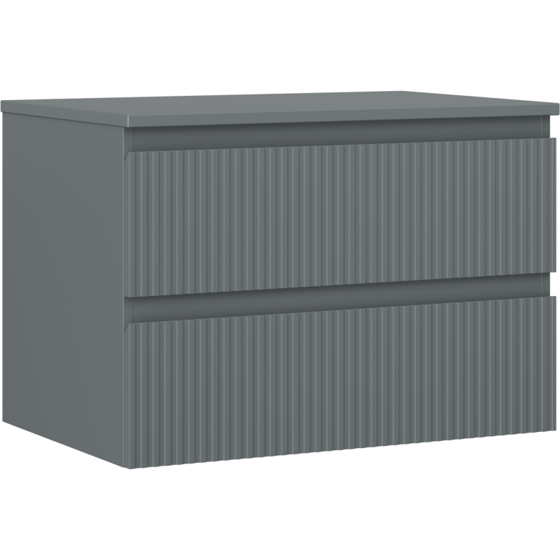 Servantskap 70 cm grafitt matt med to skuffer og vertikale riller, sett fra skrå vinkel.