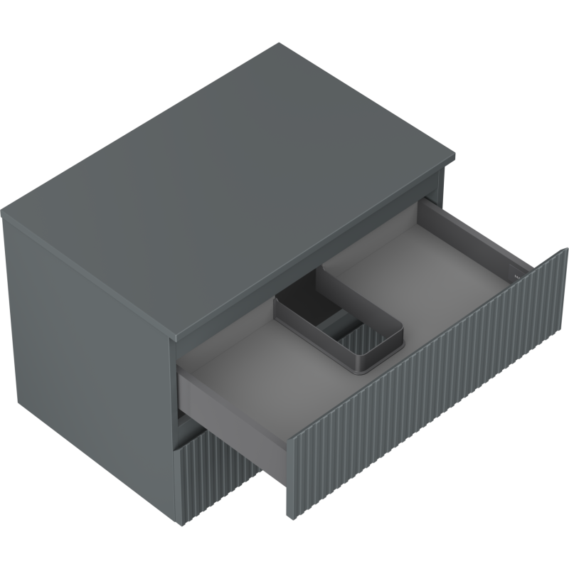 Servantskap uten vask 70 cm grafitt matt med rillefront, åpen skuff og romdeler for organisering.