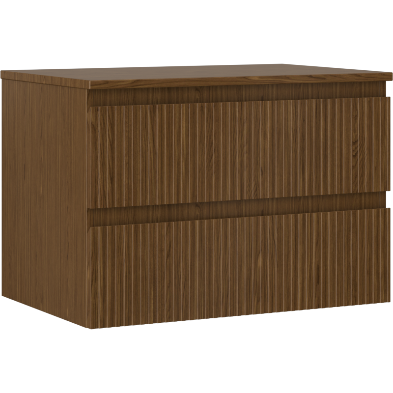 Servantskap 70 cm i valnøtt med to skuffer og vertikal trestruktur, sett skrått forfra.