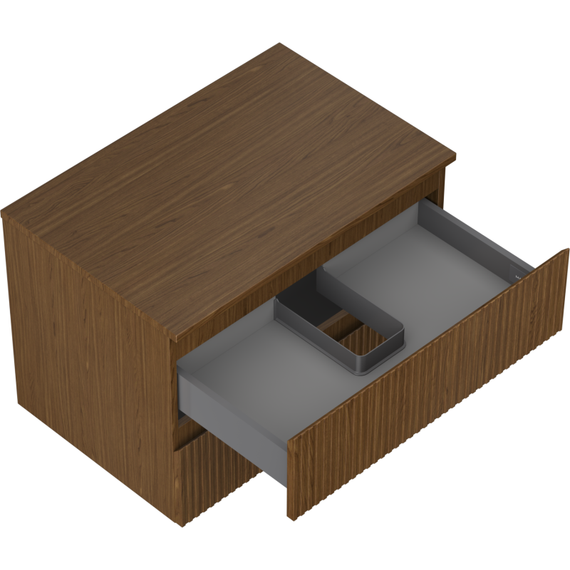 Servantskap uten vask 70 cm valnøtt med to skuffer, delvis åpen med grå inndeling, sett ovenfra.