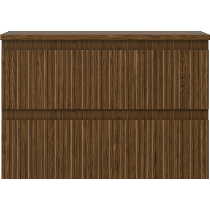 Underskap til servant i valnøtt med to skuffer, mørkebrun trefinish og vertikal trestruktur.