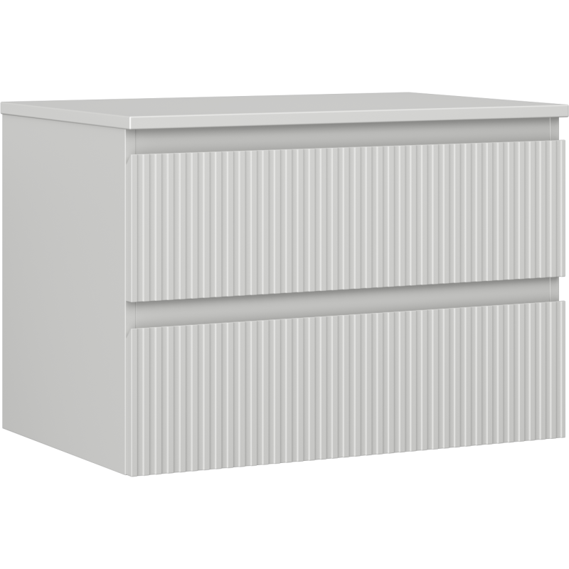 Servantskap 70 cm i grå matt med to skuffer og vertikale riller, sett fra skrå vinkel.