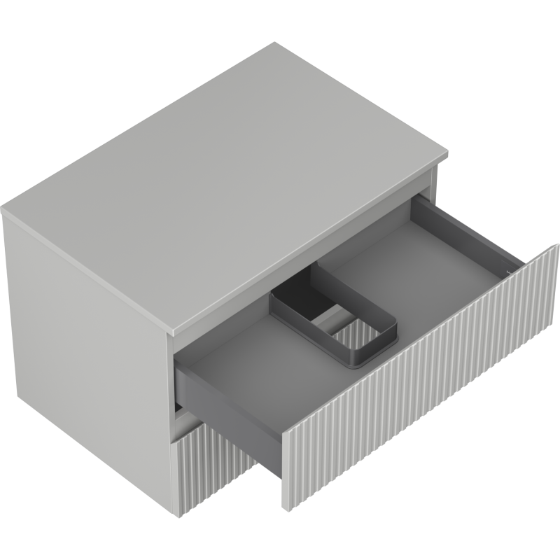 Servantskap uten vask grå Mexen Rivel med stor skuff, avdeler og vertikale riller, sett skrått ovenfra.