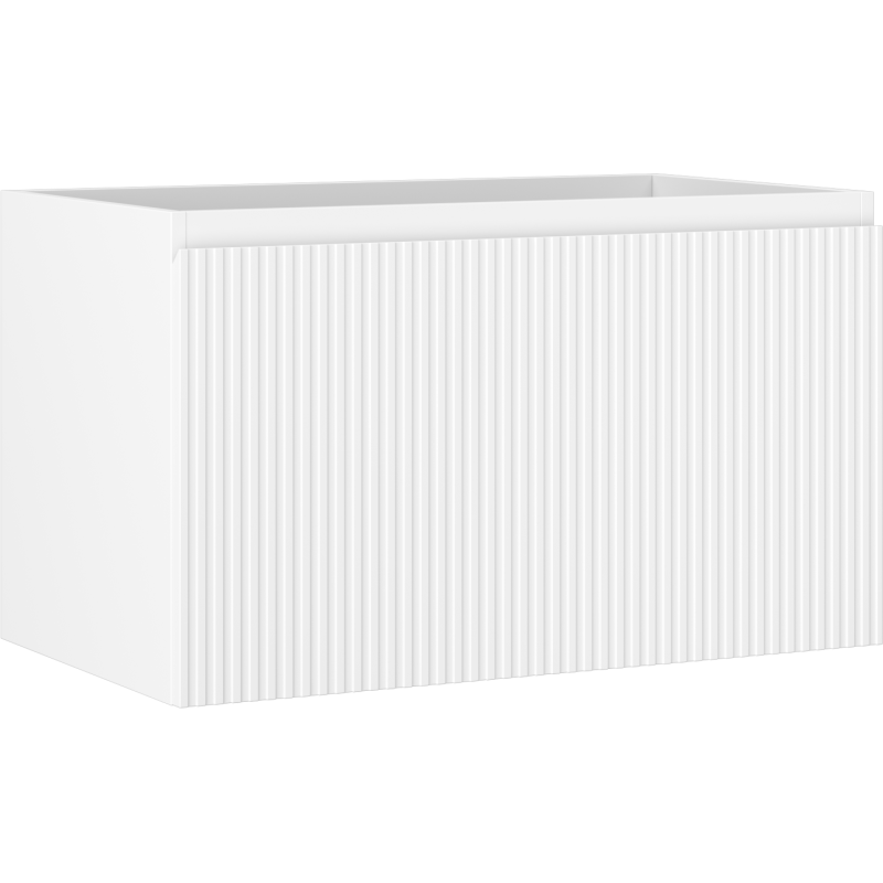 Servantskap 80 cm hvit matt med riflet front, sett fra skrå vinkel og uten synlige håndtak.