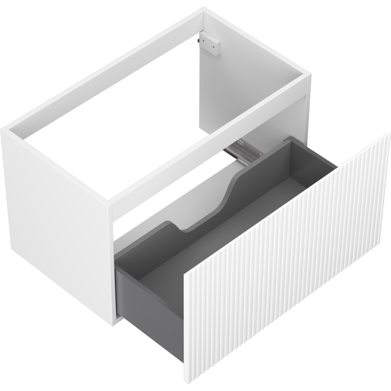 Servantskap uten vask 80 cm hvit matt med én stor åpen skuff og riflet front, sett ovenfra.