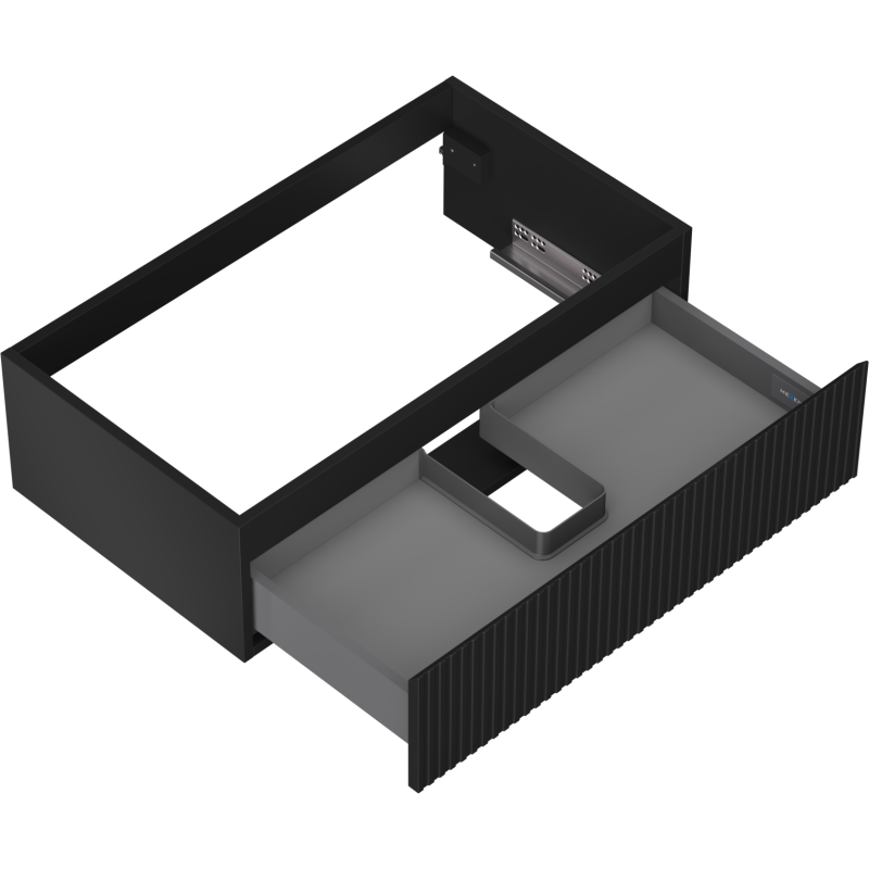 Servantskap uten vask 80 cm svart matt med åpen skuff og riflet front, sett ovenfra i skrå vinkel.