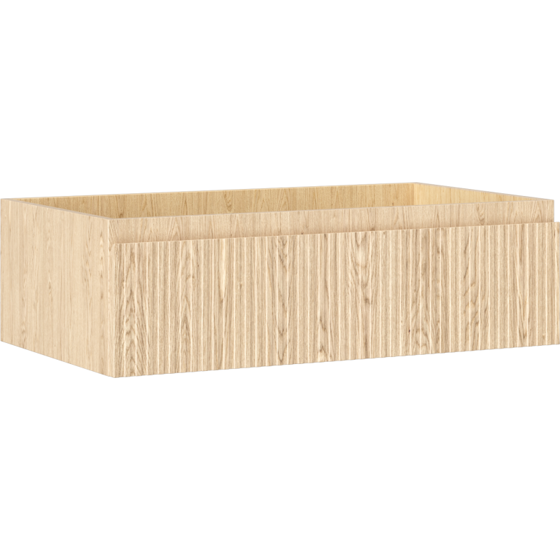 Servantskap 80 cm i eik med riflet front, avbildet skrått forfra uten topp eller servant.