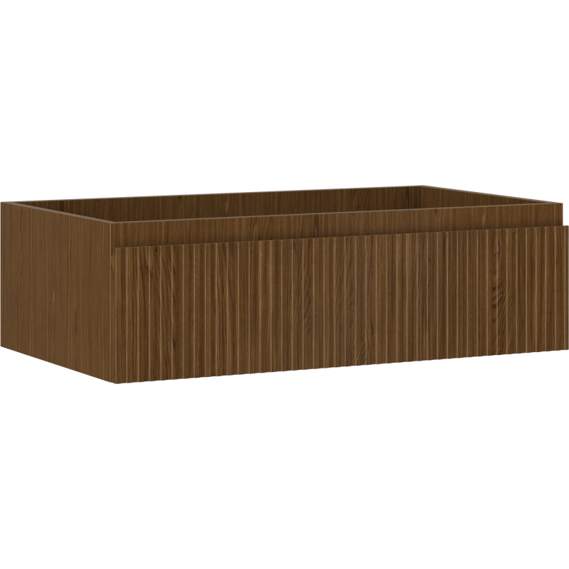 Servantskap 80 cm valnøtt med riflet front, rektangulær skuff sett forfra uten synlige håndtak.