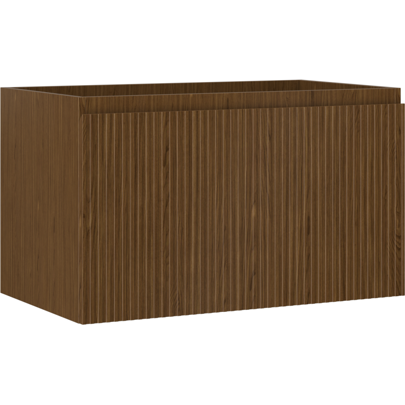 Servantskap 80 cm i valnøtt med riflet front, sett skrått forfra, moderne mørk treoverflate.