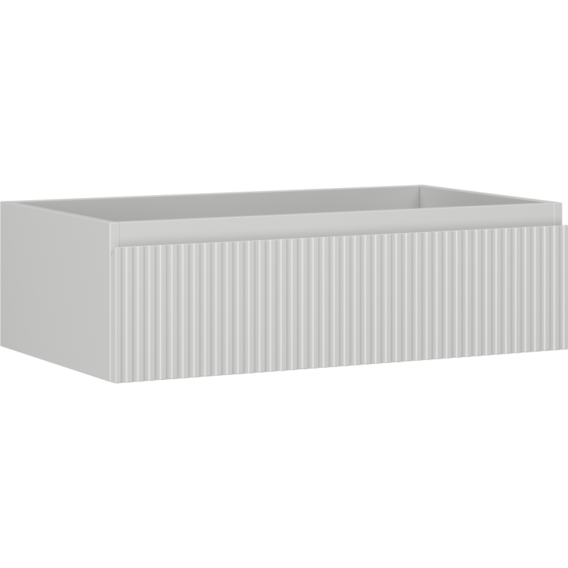 Servantskap 80 cm grå matt med riflet front og én skuff, sett fra skrå vinkel.