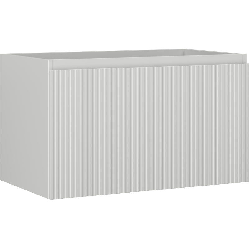 Servantskap 80 cm grå matt med riflet front, én skuff, sett fra skrå vinkel.