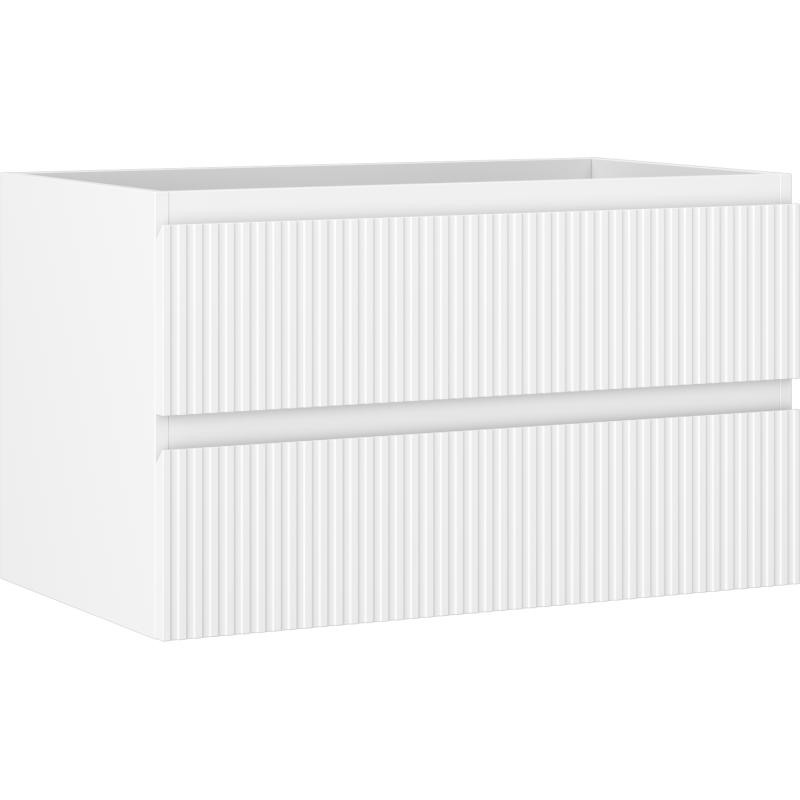 Servantskap 80 cm hvit matt med to skuffer og riflet front, sett fra skrå vinkel.