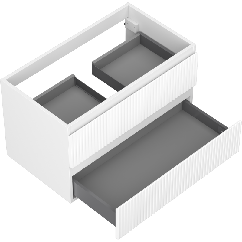 Servantskap til bad 80 cm hvit matt med riflet front, tre skuffer trukket ut, sett skrått ovenfra.