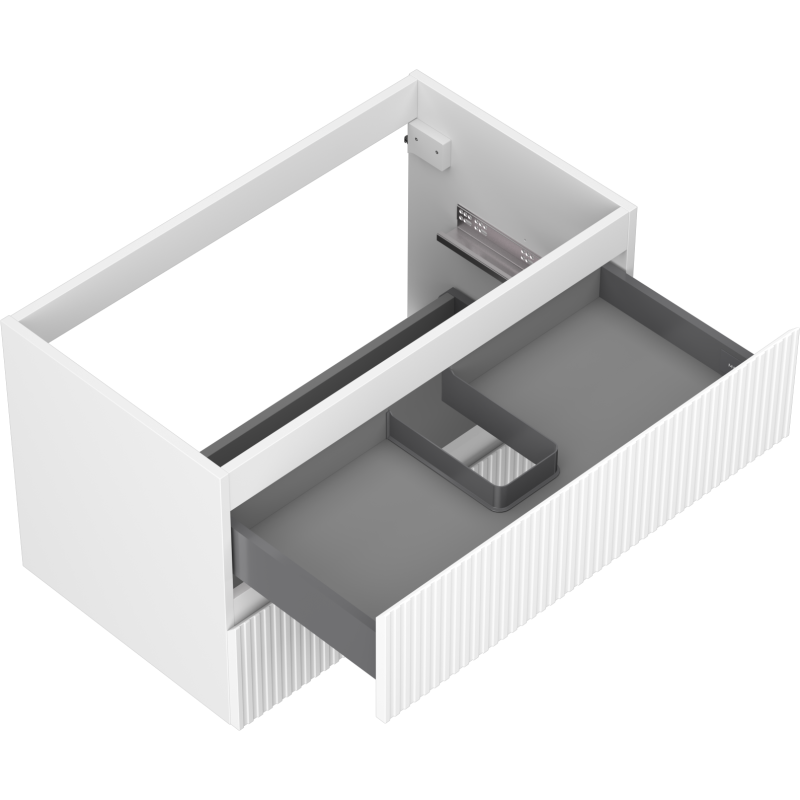 Servantskap uten vask 80 cm hvit matt med grå skuff og riflet front, sett skrått ovenfra.