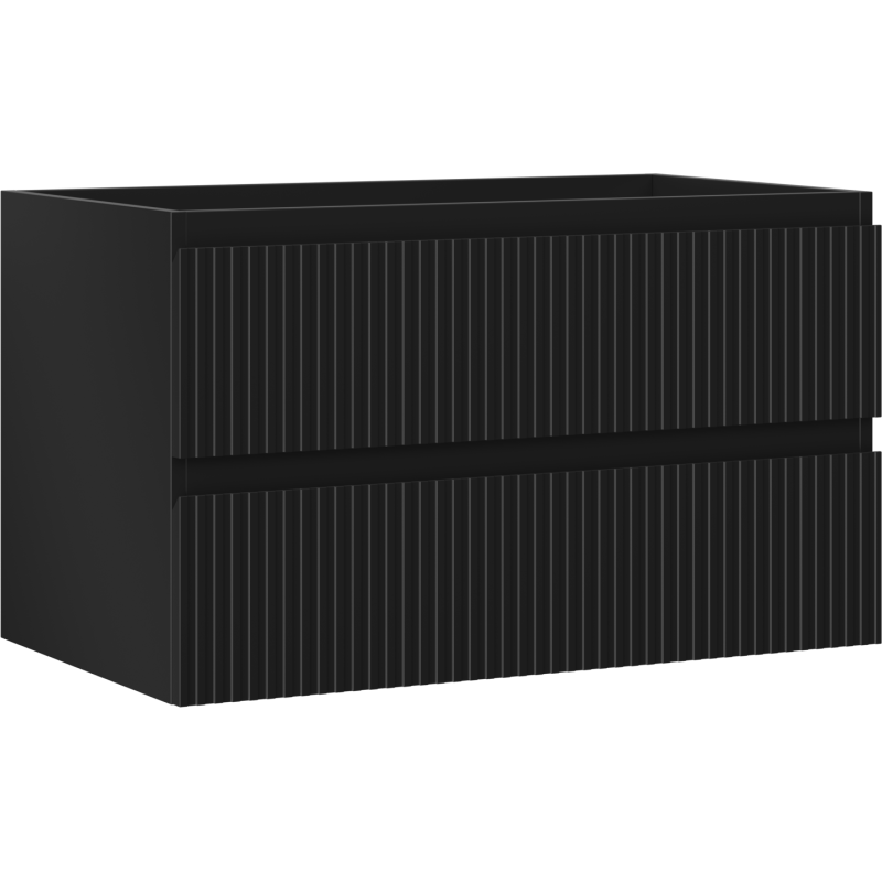 Servantskap 80 cm svart matt med to skuffer og vertikale riller, sett skrått forfra.