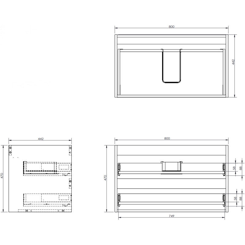 Servantskap teknisk tegning av Mexen Rivel 80 cm med mål, front-, side- og toppvisning av skuffer.