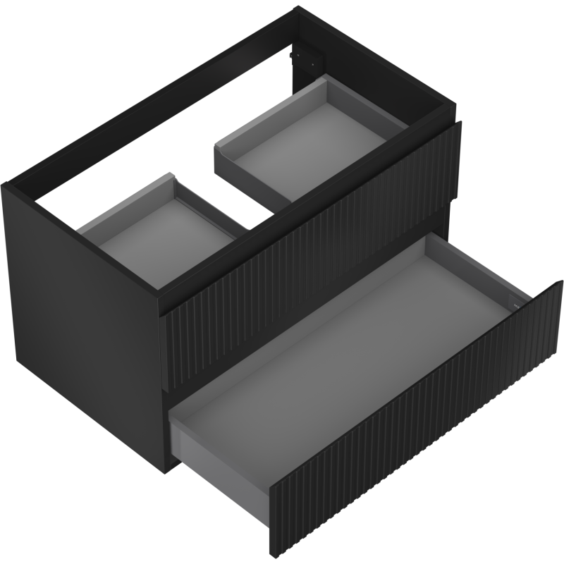 Servantskap til bad Mexen Rivel 80 cm i svart matt med to grå skuffer, nederste skuff trukket ut.