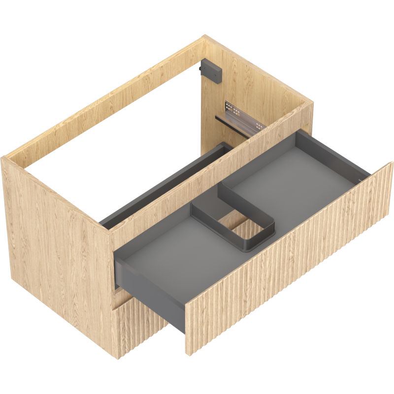 Servantskap uten vask 80 cm i eik med riflet front og grå innerskuff trukket ut, sett skrått ovenfra.