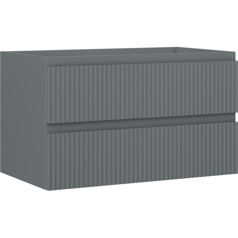 Servantskap 80 cm i grafitt matt med to brede skuffer og vertikale riller, sett fra skrå vinkel.