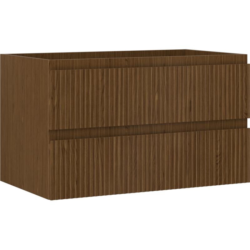 Servantskap 80 cm i valnøtt med riflet front og to brede skuffer, sett fra skrå vinkel.