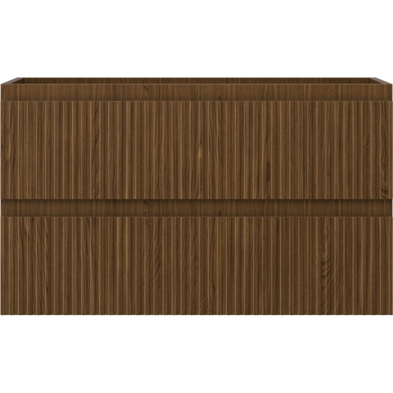 Underskap til servant i valnøtt med riflet front og to skuffer, sett rett forfra.