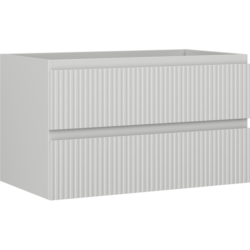 Servantskap 80 cm grå matt med to brede skuffer og vertikale riller, sett fra skrå vinkel.