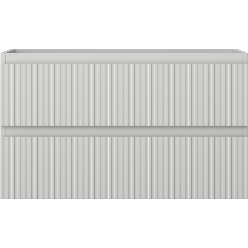 Underskap til servant i lys grå matt med vertikale riller og to skuffer, sett rett forfra.