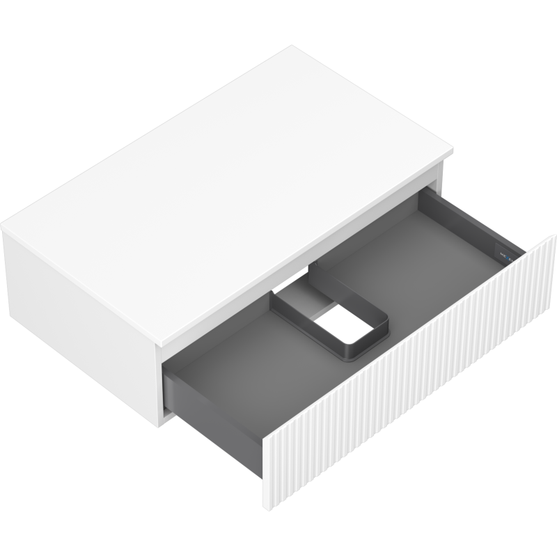 Servantskap uten vask 80 cm hvit matt med åpen rillet skuff og grå inndeling sett skrått ovenfra.