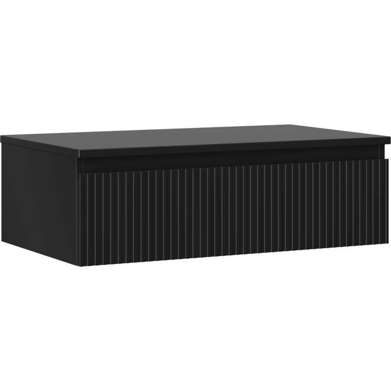 Servantskap 80 cm svart matt med én skuff, sett skrått forfra med vertikale riller på fronten.