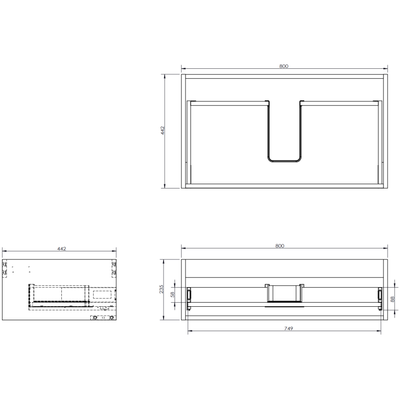 Servantskap til bad 80 cm svart matt, teknisk tegning med mål og én skuff.