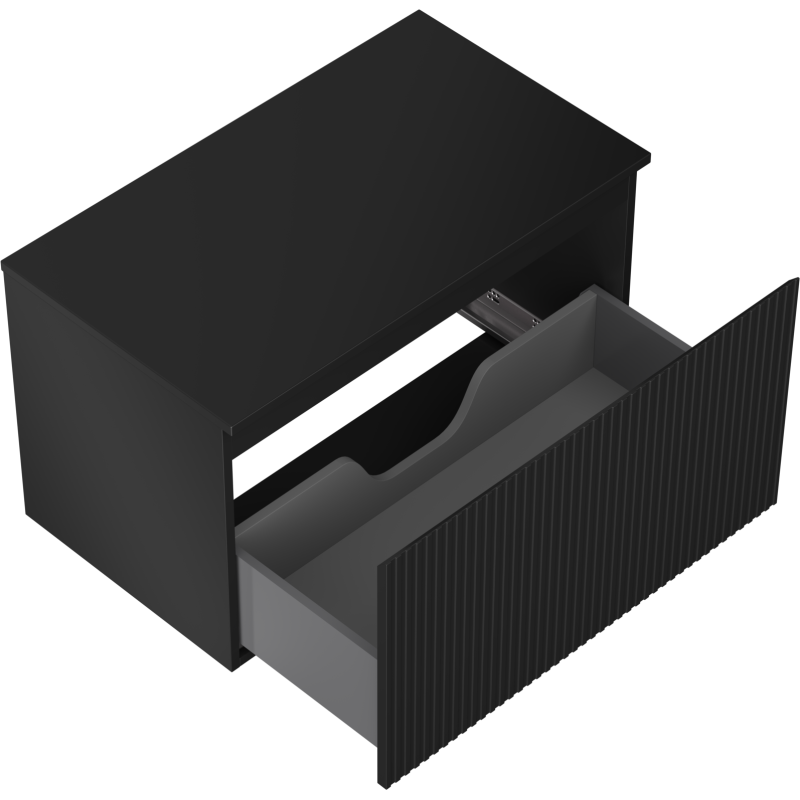 Servantskap uten vask svart matt Mexen Rivel med én skuff og vertikale riller, vist skrått ovenfra.