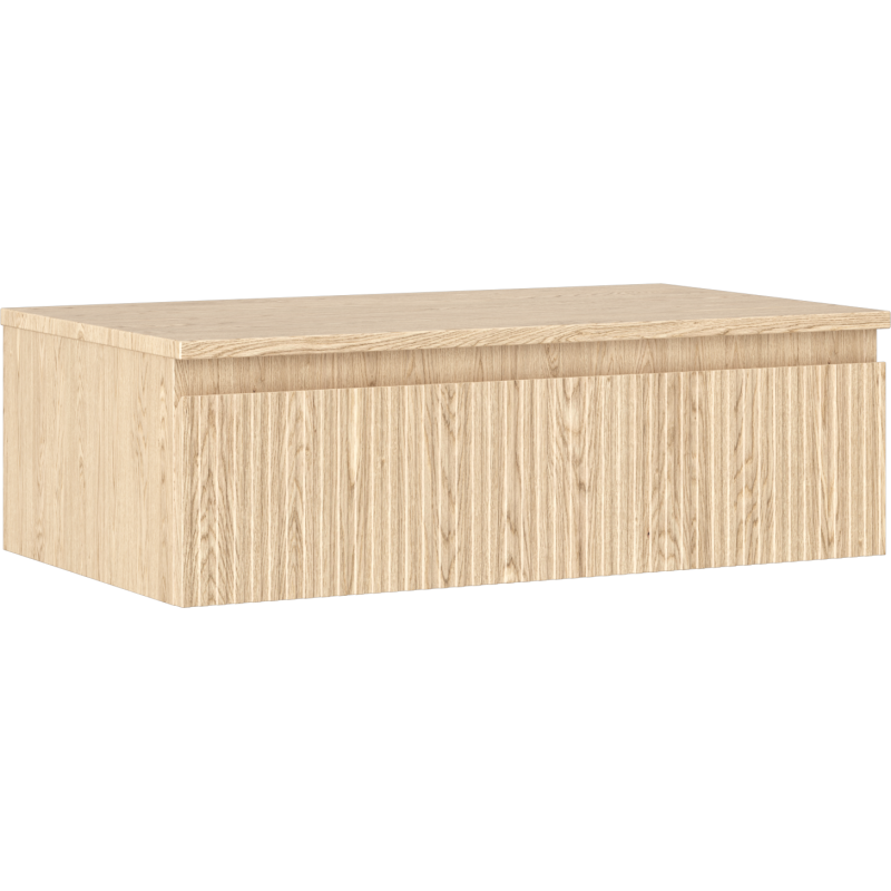 Servantskap 80 cm i eik med riflet front og én skuff, sett fra skrå vinkel.