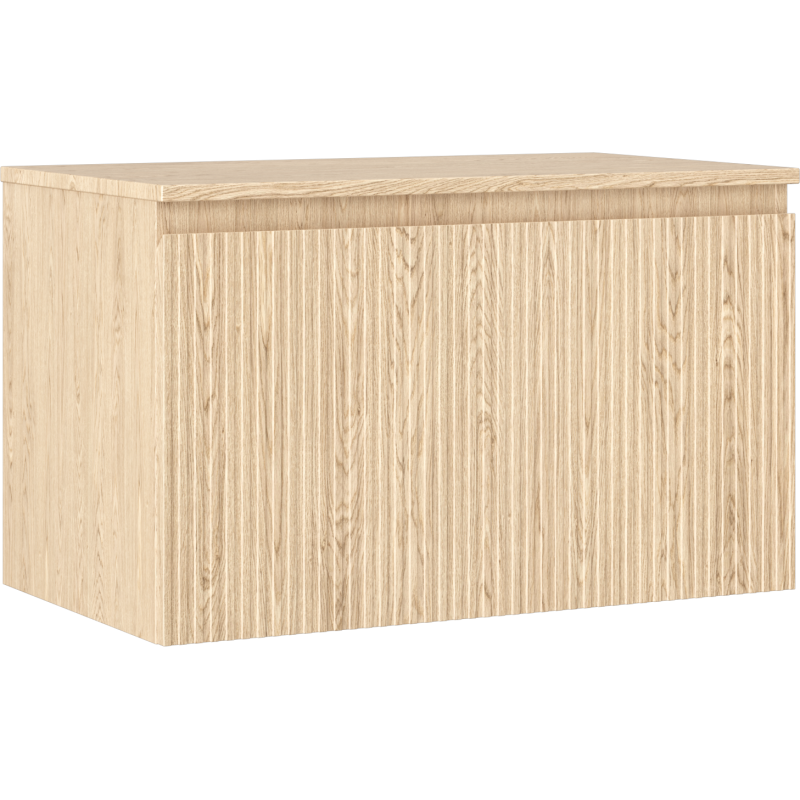 Servantskap 80 cm i lyst eik med riflet front, sett skrått forfra, uten synlige håndtak.