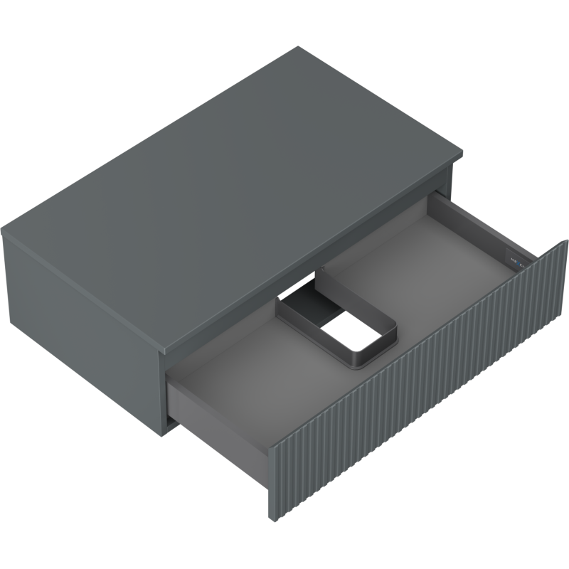 Servantskap uten vask 80 cm grafitt matt med åpen skuff og uttakbar innsats sett ovenfra.