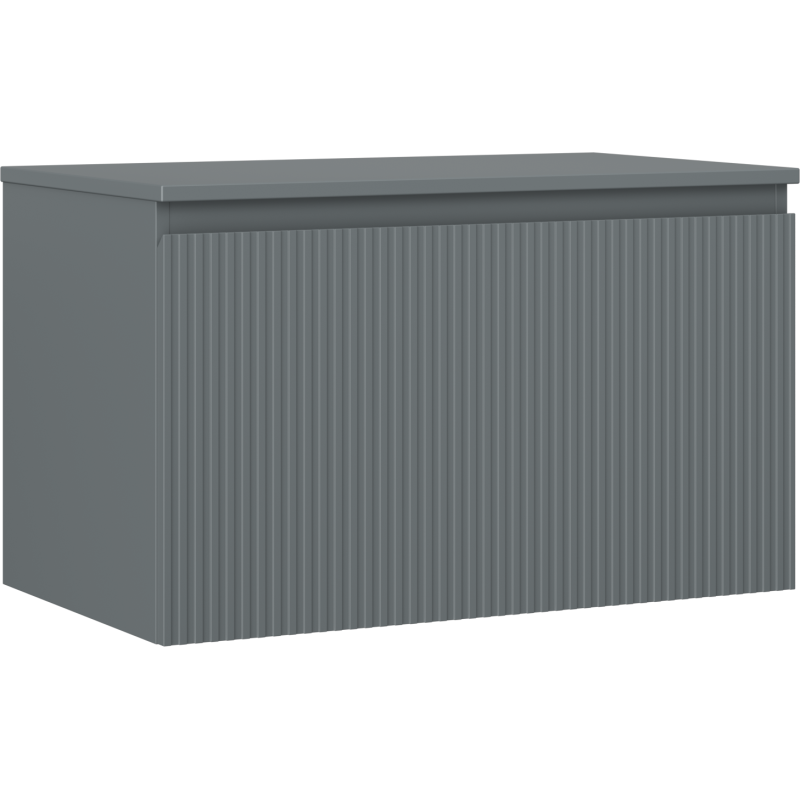 Servantskap 80 cm grafitt matt med riflet front og én skuff sett fra skrå vinkel.