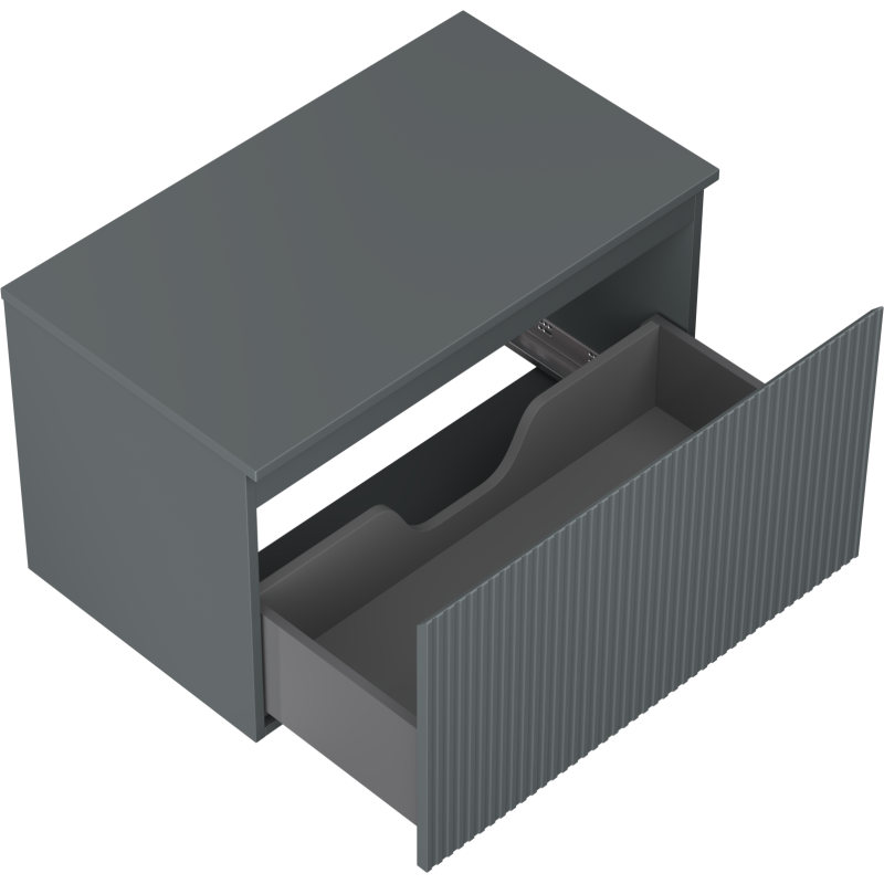 Servantskap uten vask 80 cm grafitt matt med rillet front og stor utskuffbar skuff sett fra skrå vinkel.